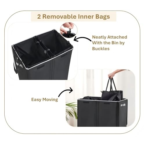 Dual Laundry Hamper with Lid and 2 Removable Liners 145L Black，Light Grey