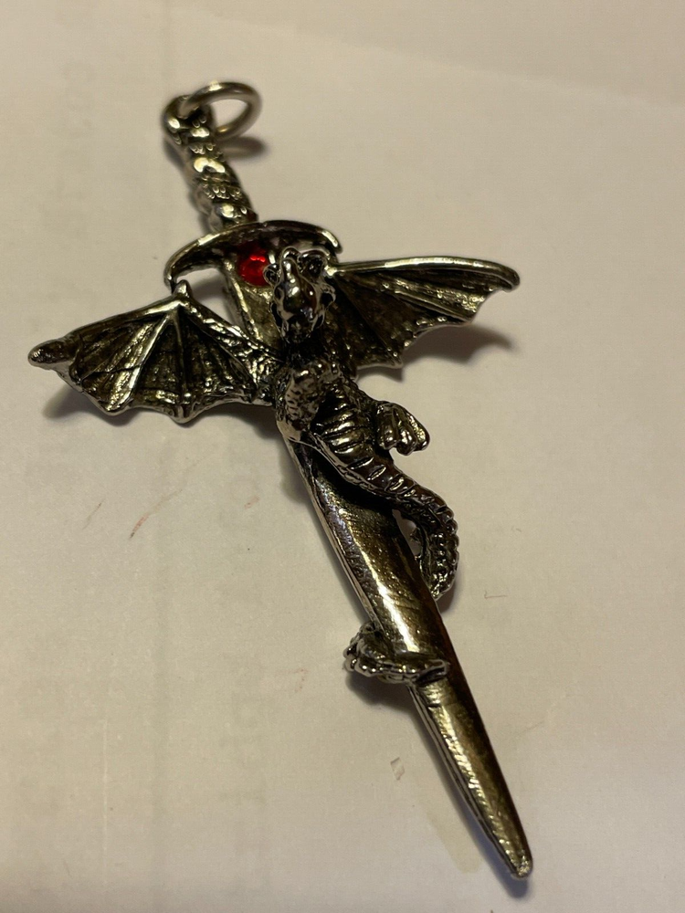 Pendant - Flying Dragon on Dagger with red stone