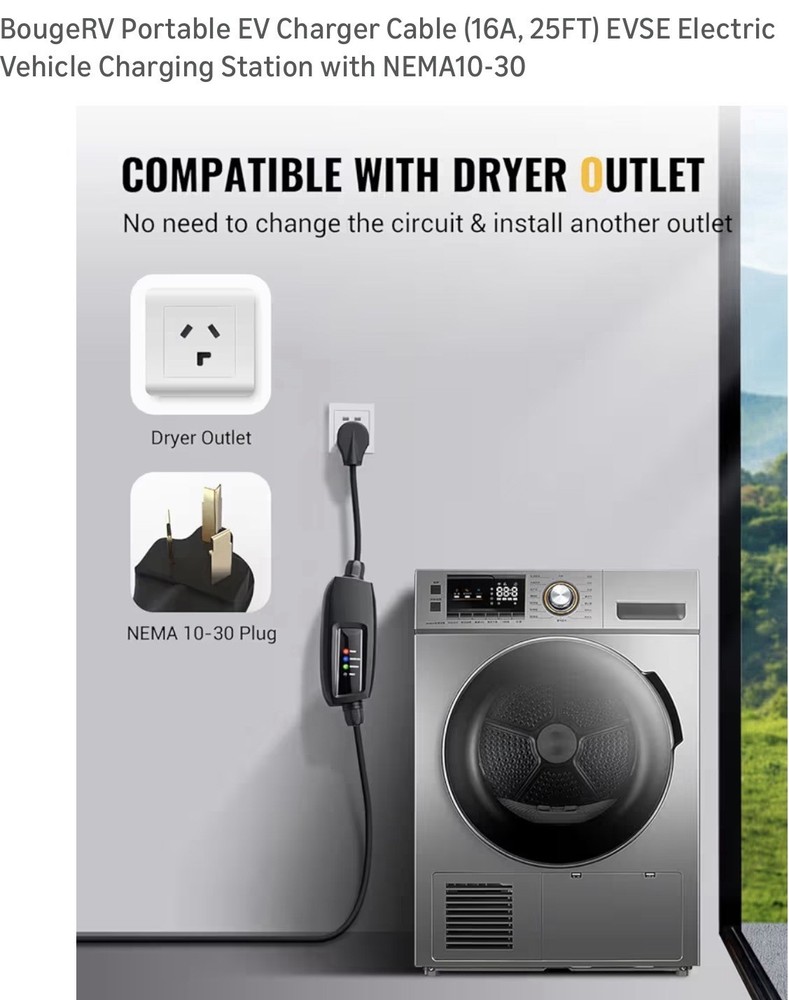 Portable EV Charger 16A 25ft With Dryer Plug
