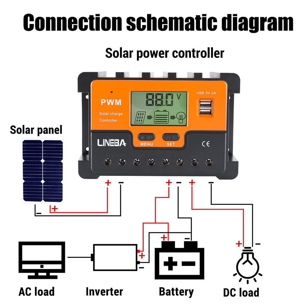 30/60/100A PWM Solar Panel Charge Controller 12V/24V/48V Battery Regulator 2 USB