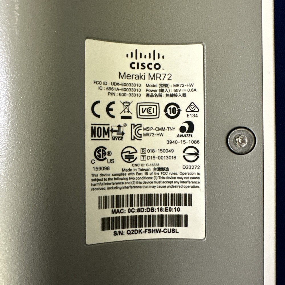Cisco Meraki MR72 Wireless Access Point No Antenna