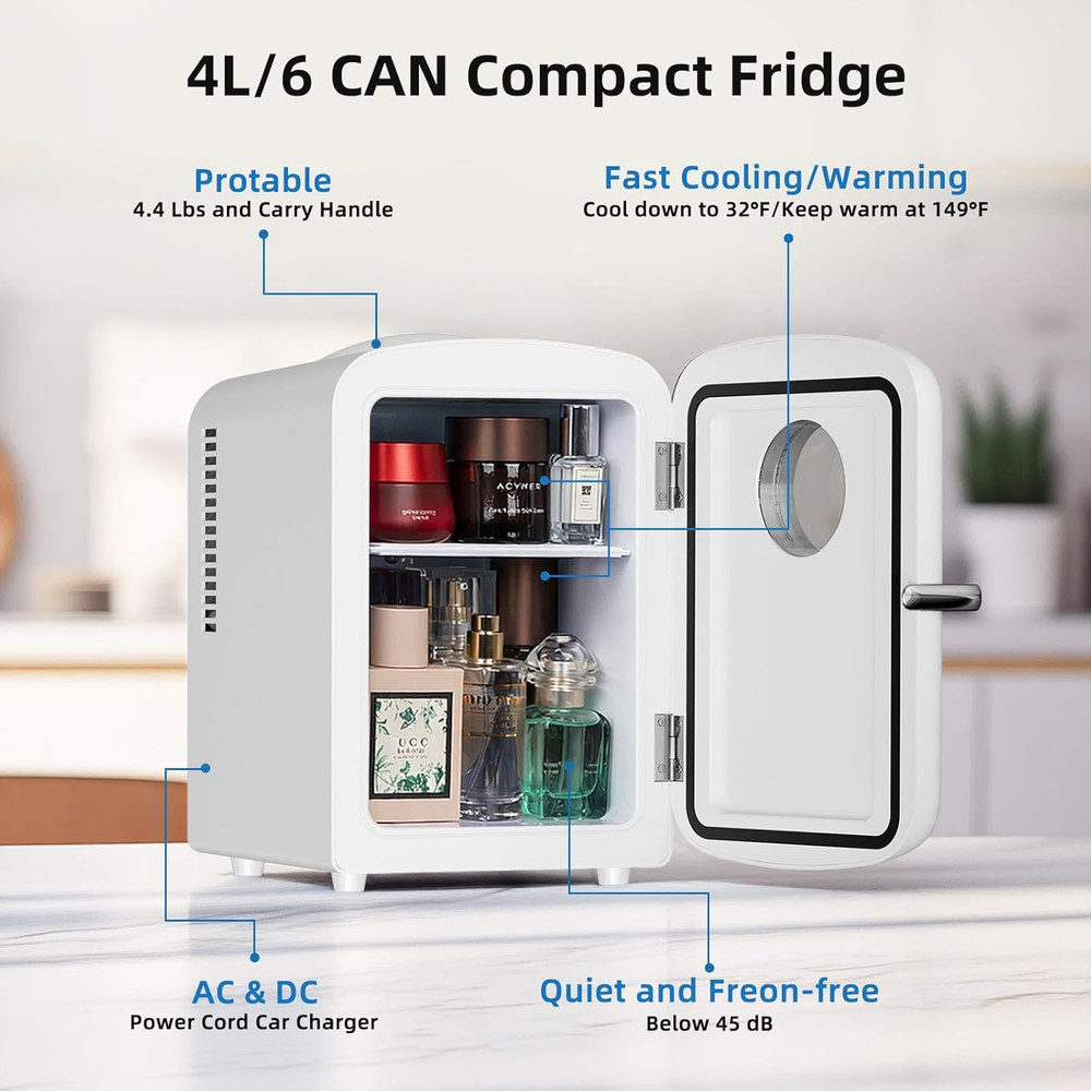 Compact Mini Fridge, 4L Capacity/6 Cans Portable Cooler and Warmer Compact Refri