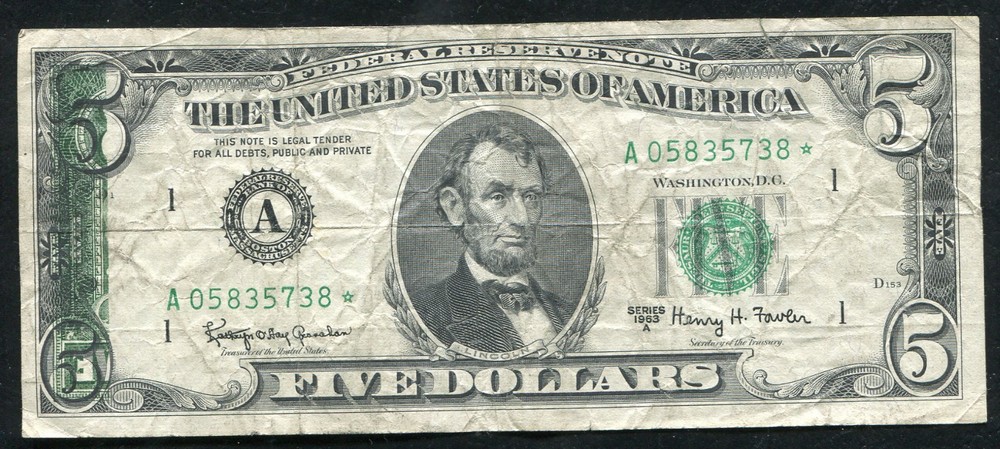1963-A $5 *STAR* FRN FEDERAL RESERVE NOTE "PARTIAL BACK TO FACE OFFSET ERROR"