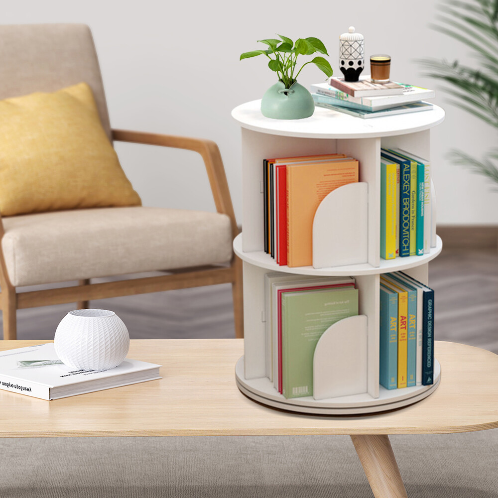 2-Layer Rotating 360° Bookshelf Bookcase Freestanding Storage Shelf Display Rack