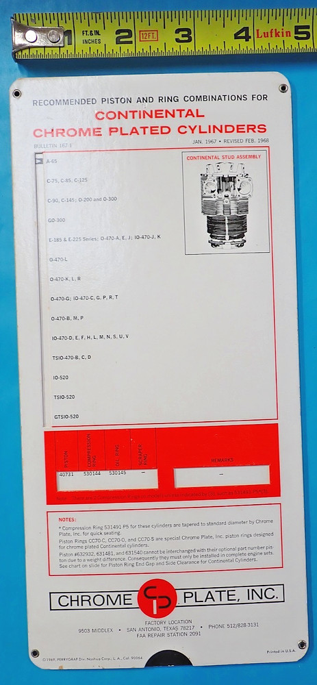 Chrome Plated Cylinders Lycoming Continental Recommended Piston & Ring App List