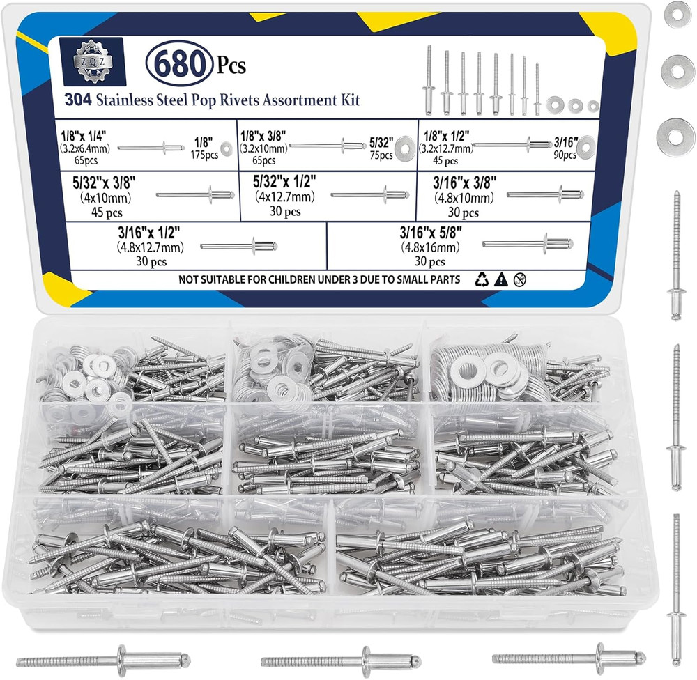 680Pcs Stainless Steel Pop Rivets Assortment Kit, 8 Sizes, Includes Washers