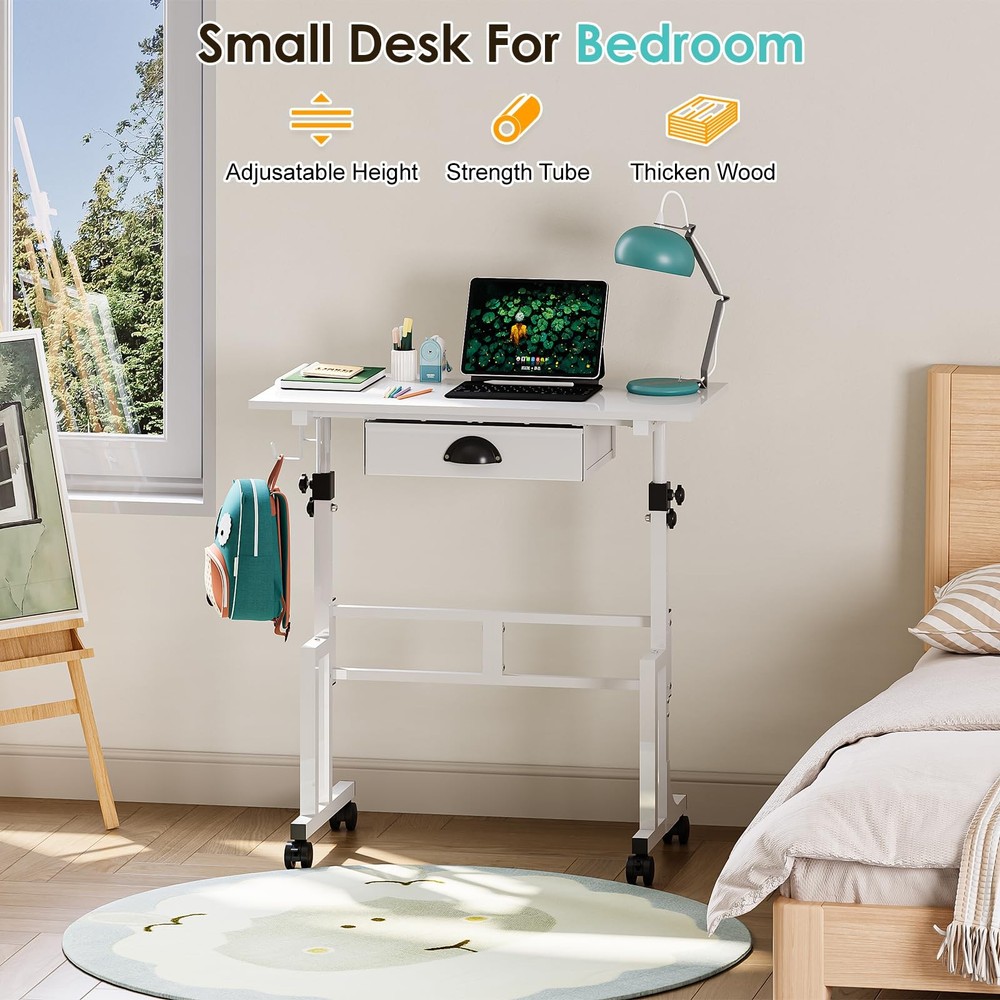 Small White Standing Computer Desk with Drawers,Height Adjustable Home Office Si