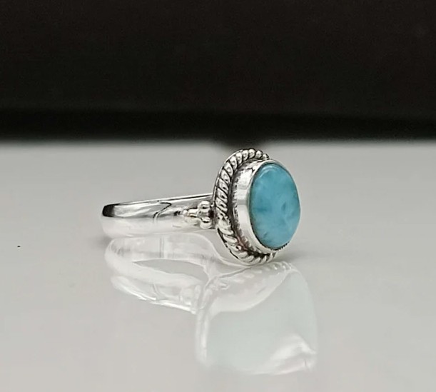 Solid 925 Sterling Silver Natural Larimar Oval Gemstone Rope Border Band Ring