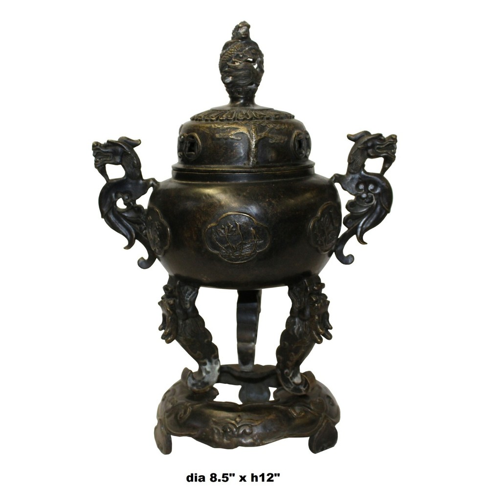 Chinese Oriental Dark Brown Bronze Metal Incense Burner Display cs5528