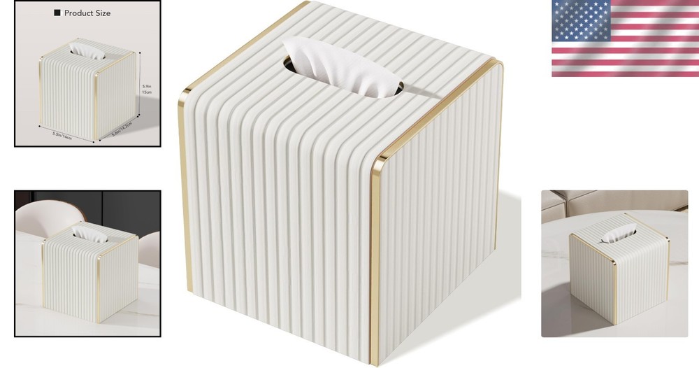 Leather Tissue Box Cover Square Modern Decor with Gold Edging