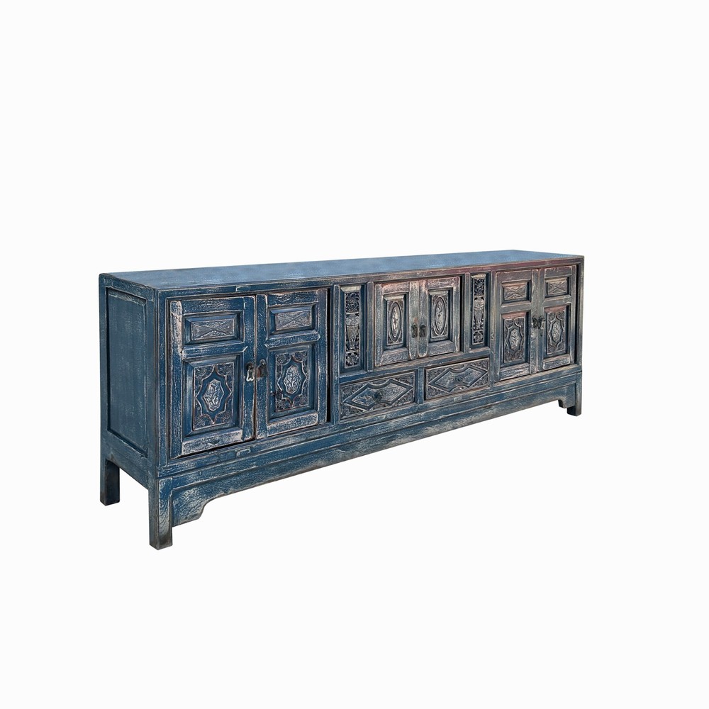 Chinese Distressed Dark Blue Vases Pattern TV Console Table Cabinet cs7738