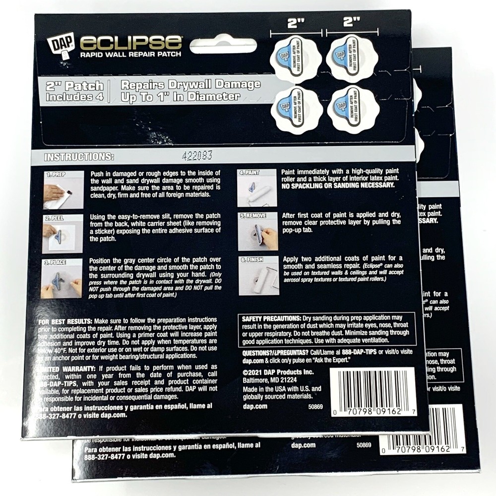 2 Pack DAP Eclipse Rapid Wall Repair Patch Includes 4 - 2" Patches (8 Total) NEW