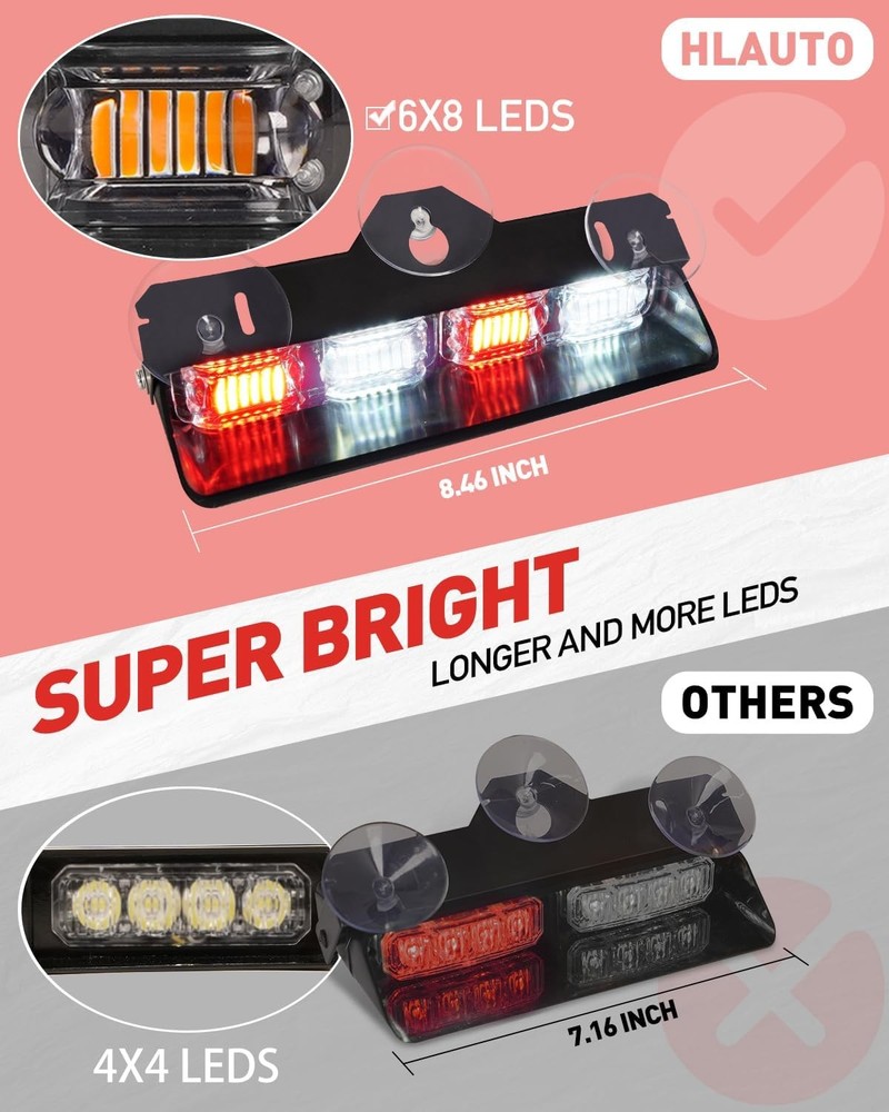 HLauto 2002L Emergency Dash Strobe Lights Red White 48LED