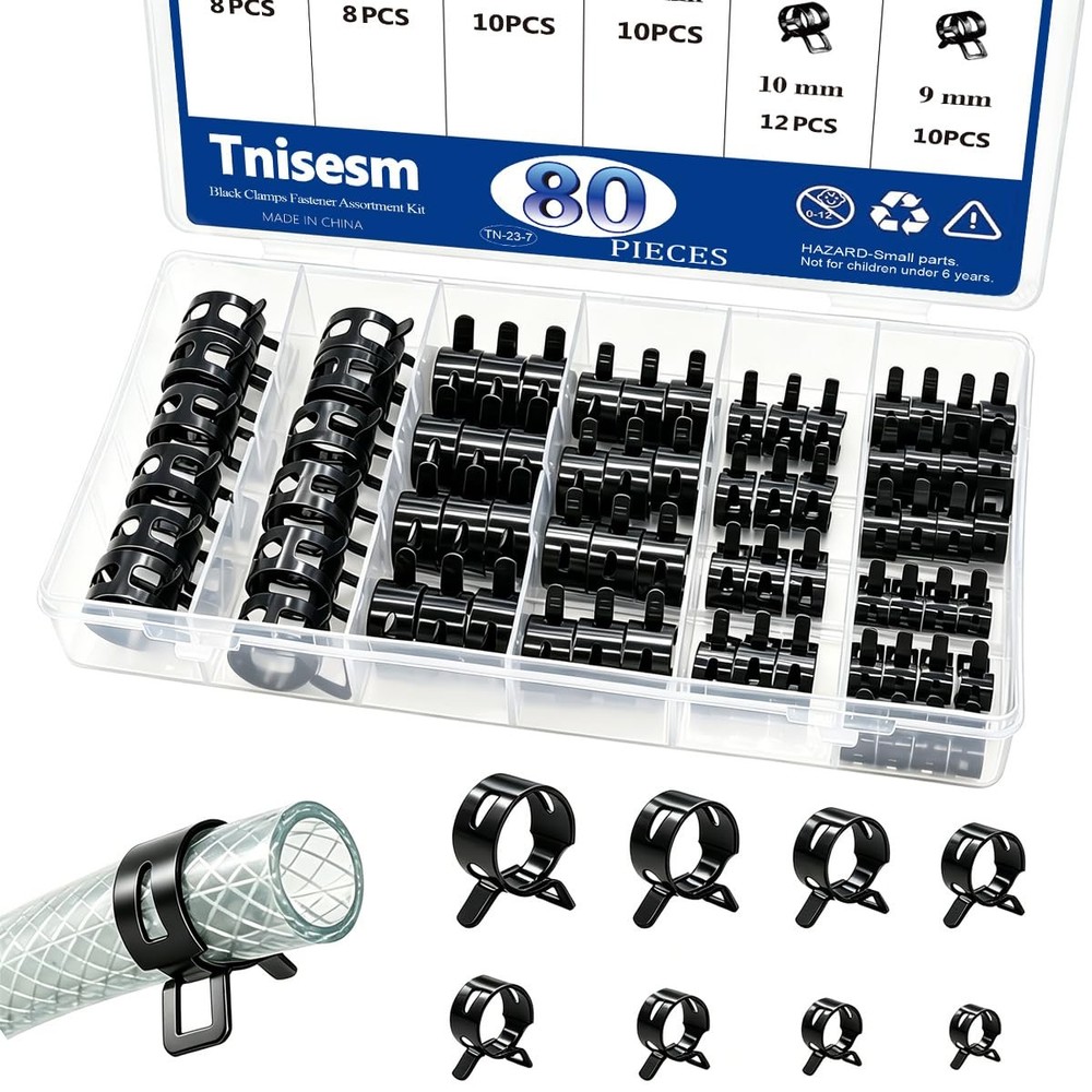 Tnisesm 80Pcs Spring Band Hose Clamps - 8 Sizes, 80pcs(black)