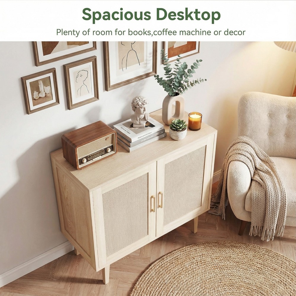 ↑Buffet Cabinet With Rattan Decor Doors Solid Wood Feet Multifunctional