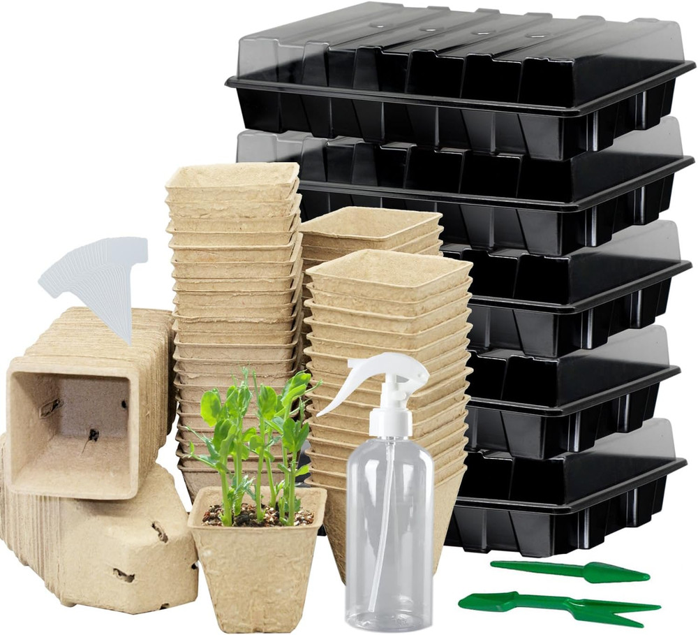 Seed Starter Kit with 100 Biodegradable Peat Pots, 5 Trays, Dome & Spray