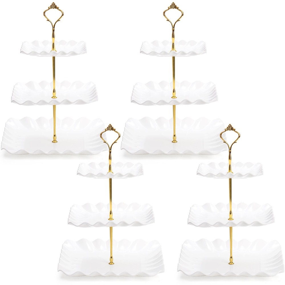 DEAYOU 4 Pack 3 Tier Plastic Cupcake Stand, White Square Dessert Tiered Serving