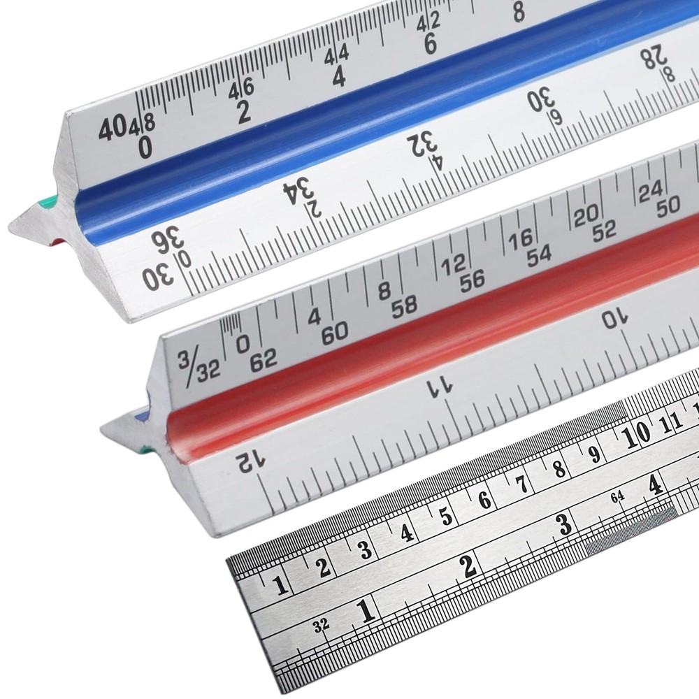 3 Pack Architectural and Engineer Scale Ruler Set, 12 Inch Aluminum Triangula...