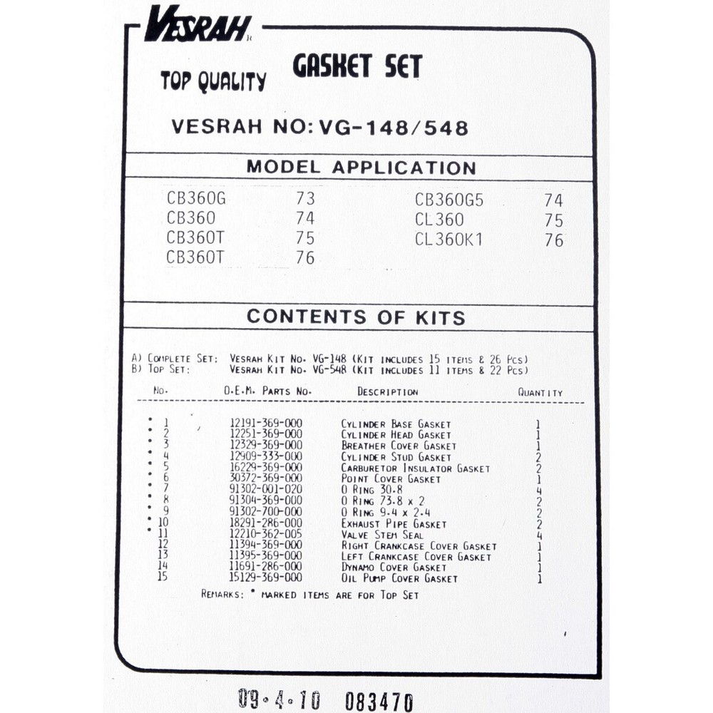 Vesrah Complete Gasket Set - VG148