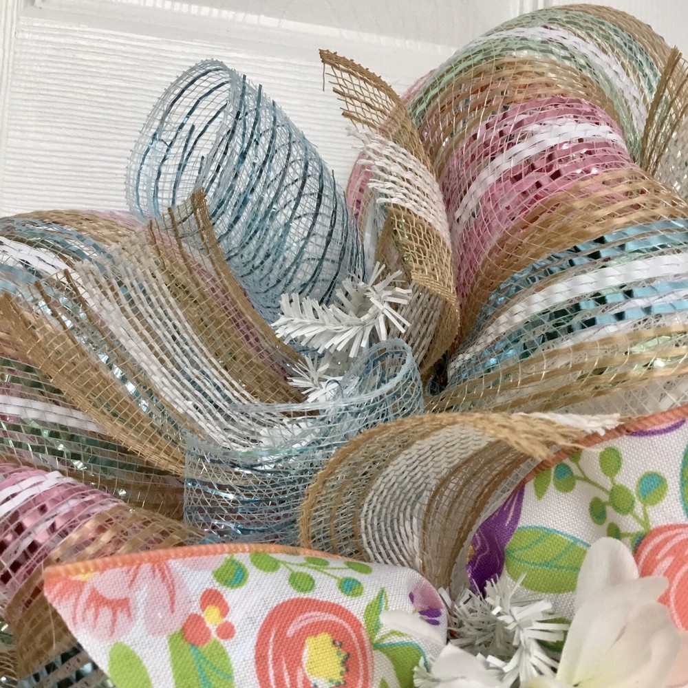 Pastel Spring Wreath With Daisies Handmade Deco Mesh