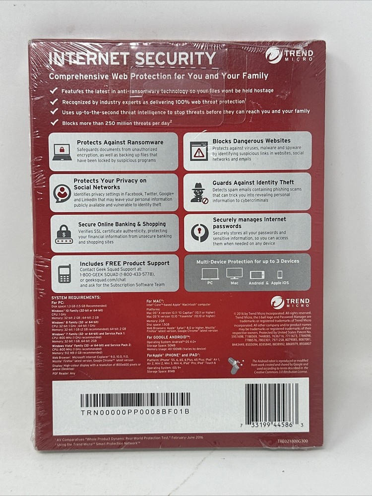 New Trend Micro Internet Security Advanced Online Protection - 3 Devices