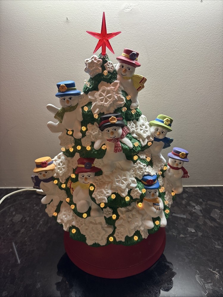 Vintage Ceramic Mold Snowman Lighted 18” Christmas Tree Clay Magic