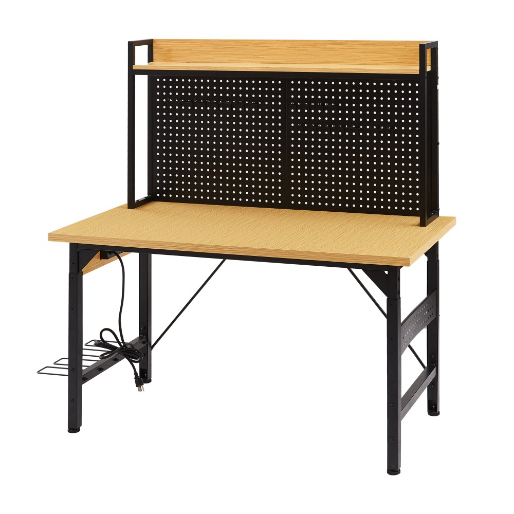48" Adjustable Rolling Workbench w/ Pegboard, Outlets & Shelves - Wood Top
