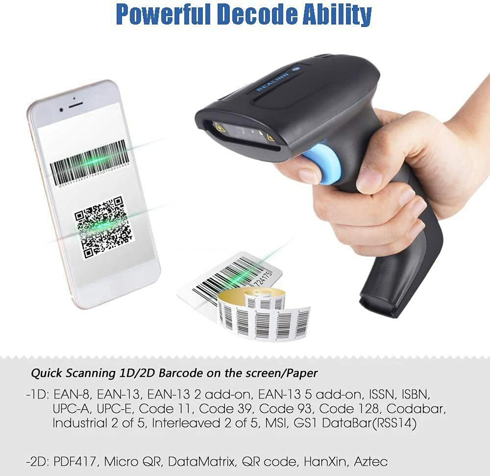Realinn RL6200W Wireless Barcode Scanner 1D 2D QR Code Scanner USB Rechargeable