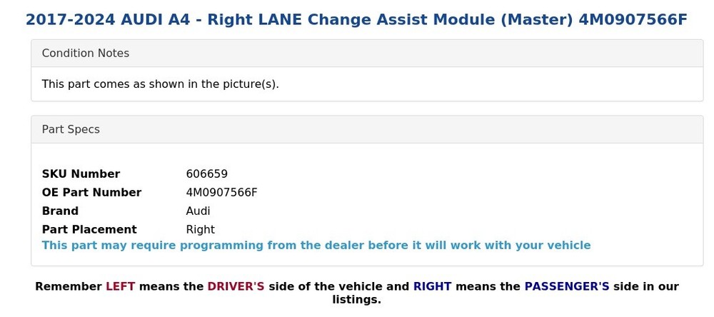 2017-2024 AUDI A4 - Right LANE Change Assist Module (Master) 4M0907566F