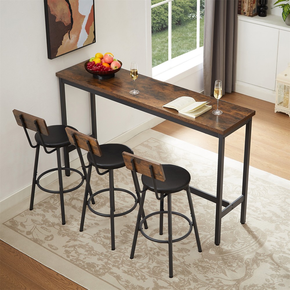 4 Piece Bar Table Set Counter Height Kitchen Pub Table w/ 3 Bar Stools Brown US