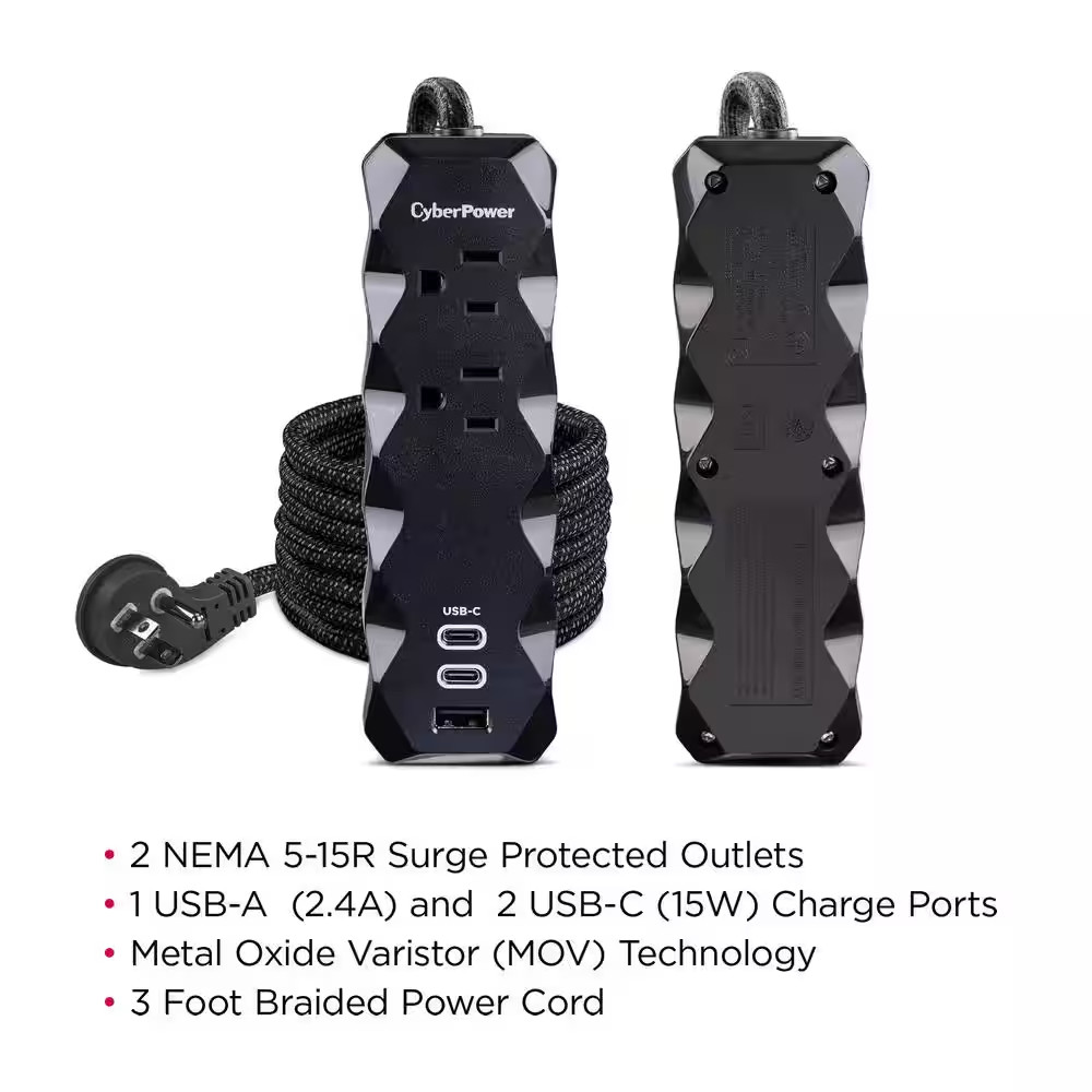 3 Ft. 2-Outlet 3 USB Surge Protector