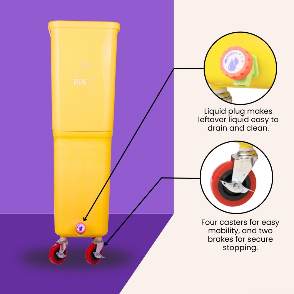 Yellow Drink Dump Bin w/ Wheels – Dual Compartment Liquid & Trash Disposal