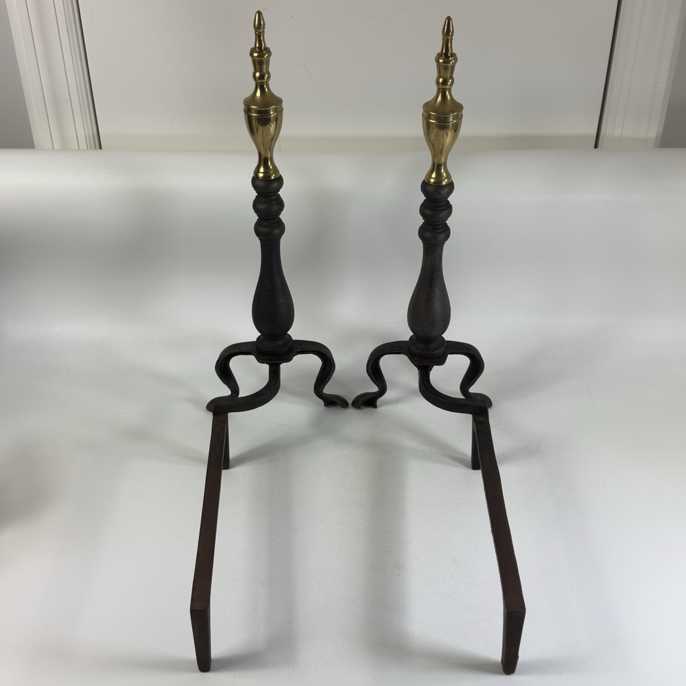 Vintage Brass & Iron Fireplace Andirons Firedogs Pair Traditional Hearth