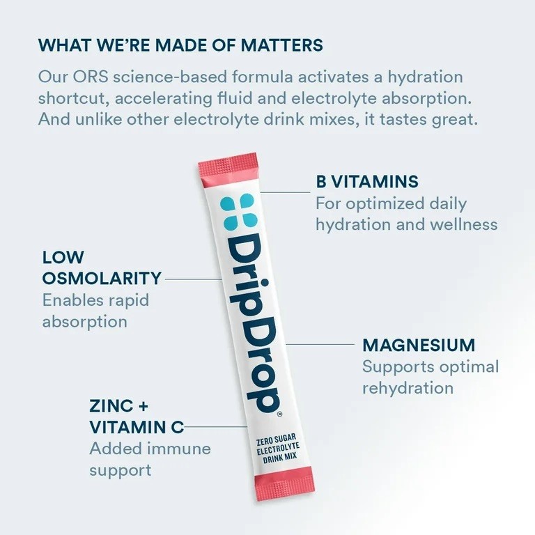 DripDrop Zero Sugar Fast Hydration Electrolyte Powder Drink Mix, 8 Count