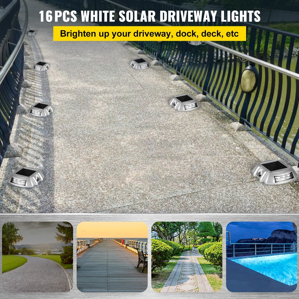 VEVOR 16pcs Solar Driveway Lights 6 LED White Light for Path Step Dock Deck IP68