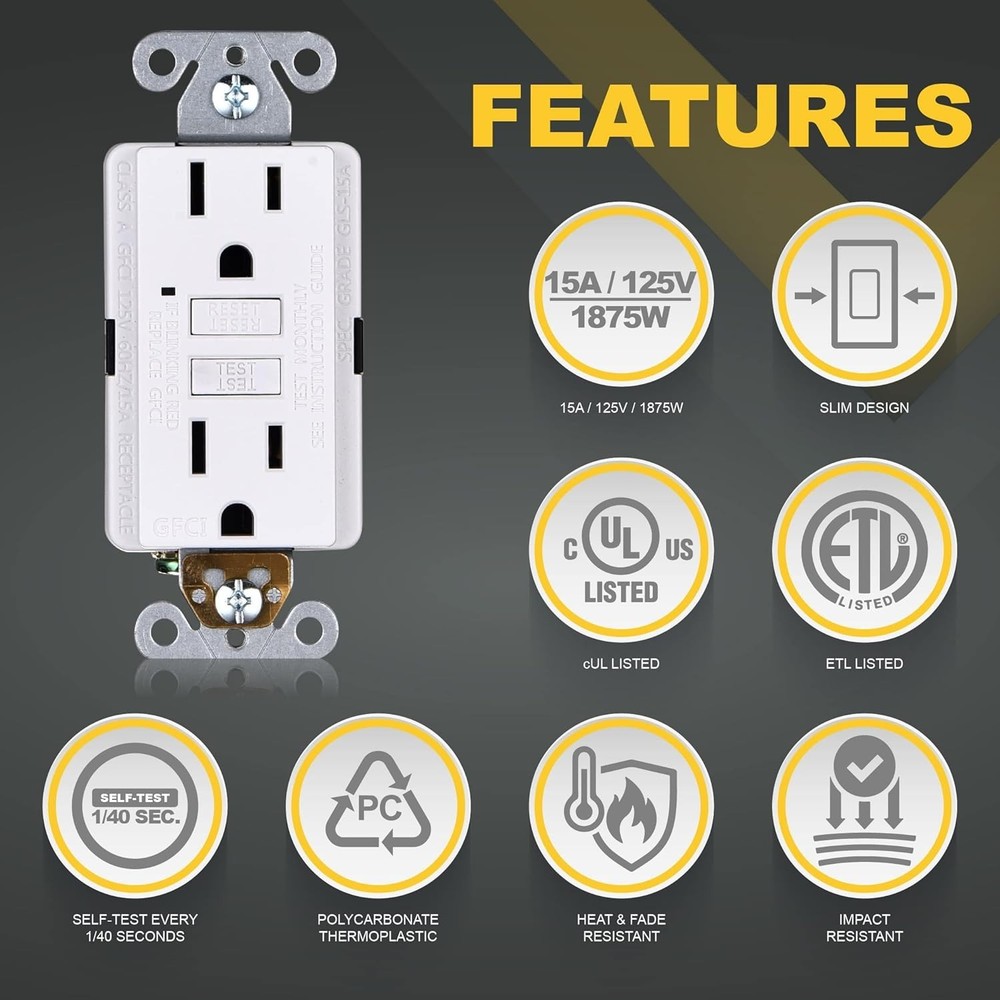 15A GFCI Outlets 3-Pack - Self-Testing with LED Indicator, Listed for Safety