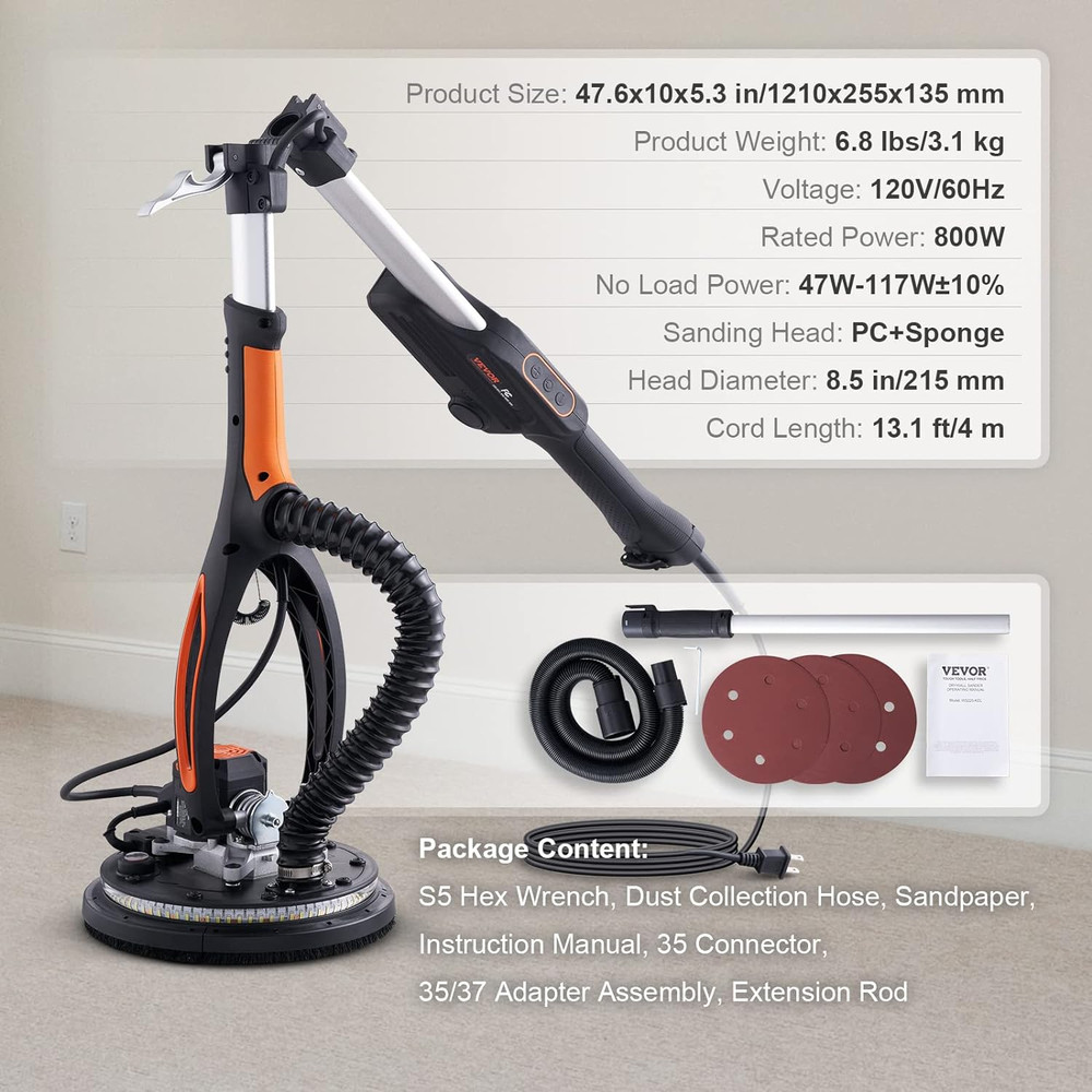 800W Electric Drywall Sander with LED Lights & Extendable Handle, Variable Speed