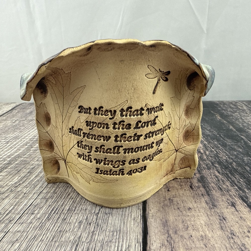 Signed Ragan Handmade Studio Pottery Vase 2006 LEAF DRAGONFLY Scripture 4in
