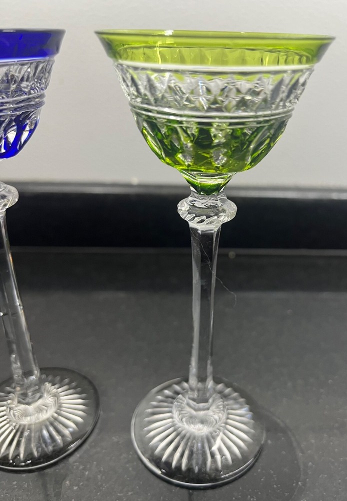 Rare Multi Colored Set Crystal Cut Cordial glasses 4 pieces.
