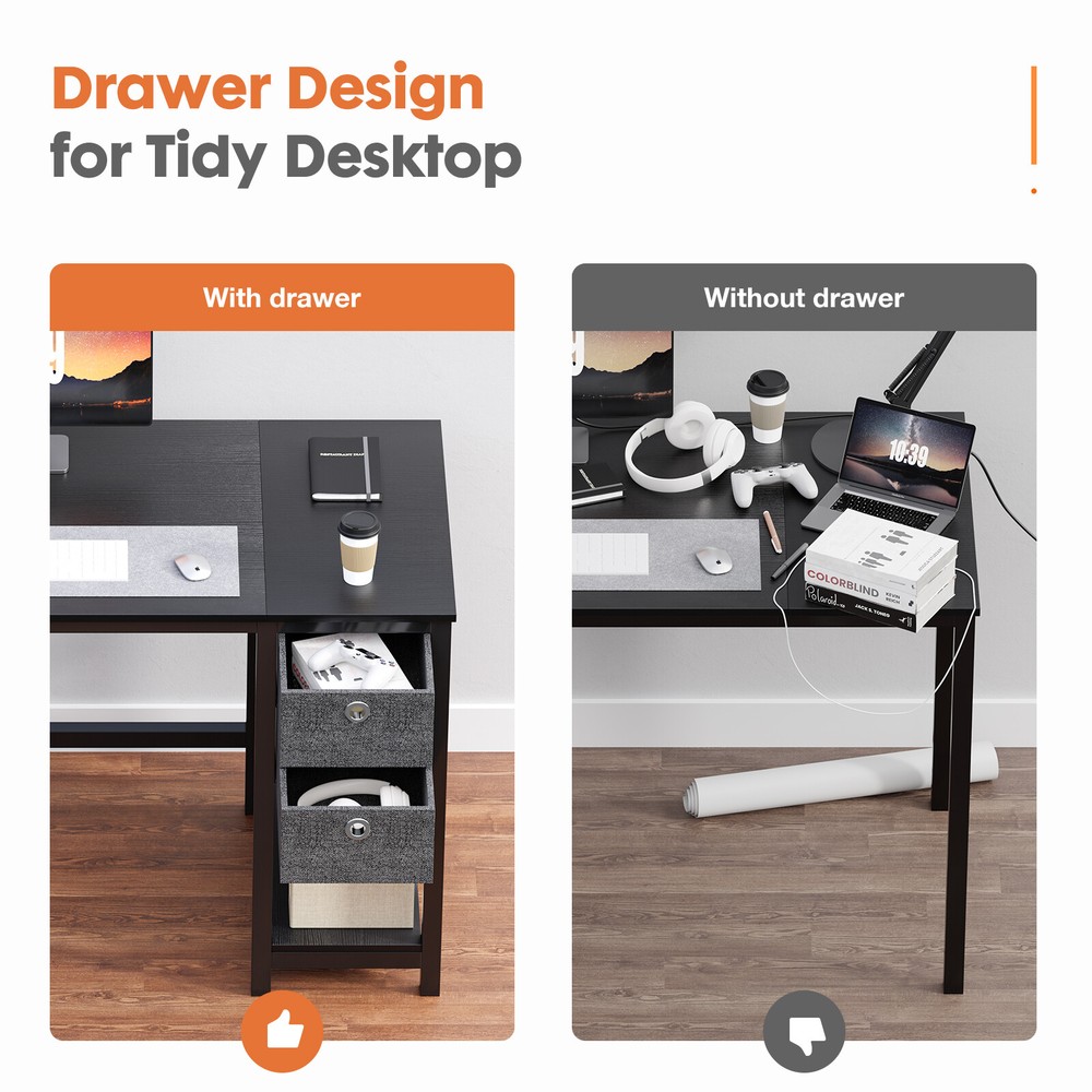 Office Study Table with Side Hook and 2 Storage Drawers - 40/47in Computer Desk