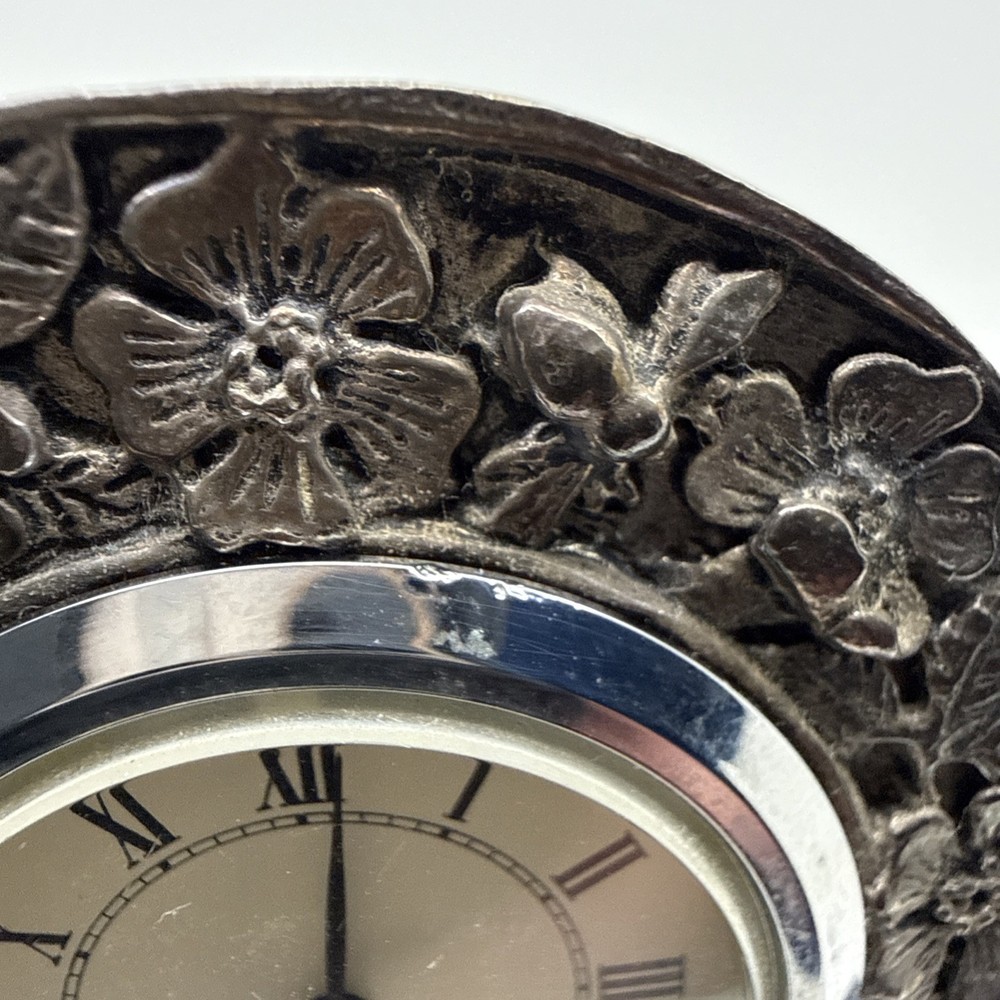 Vintage Silver Plated Silver Scenes Small Clock Inscribed Casing 60mm, 30mm Face
