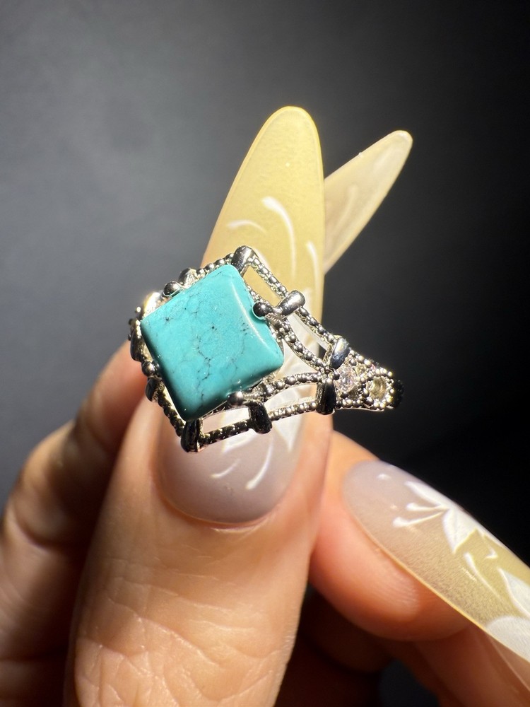 Natural Hubei Turquoise  Square Ring / Silver- plated/adjustable
