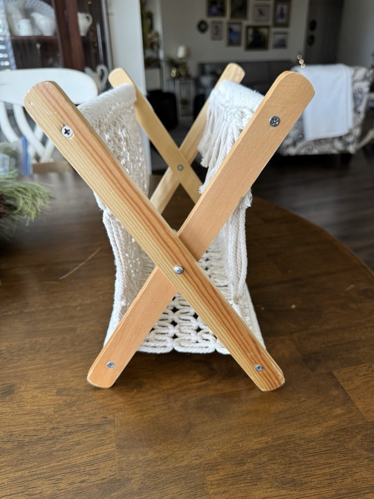 Boho Macrame Beige Cotton/Wood Foldable Magazine Rack
