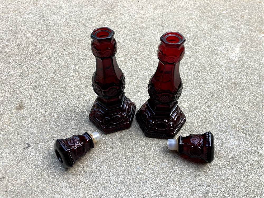 Avon 1876 Cape Cod Ruby Red Glass Candlestick Holders - Vintage - Pair 2 Empty