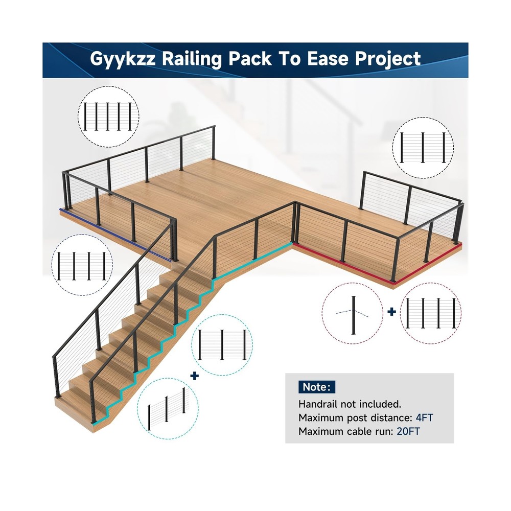 One-Stop Cable Railing Post Kit, 5 Pack Level Drilled Line Post 36", Fixed To...