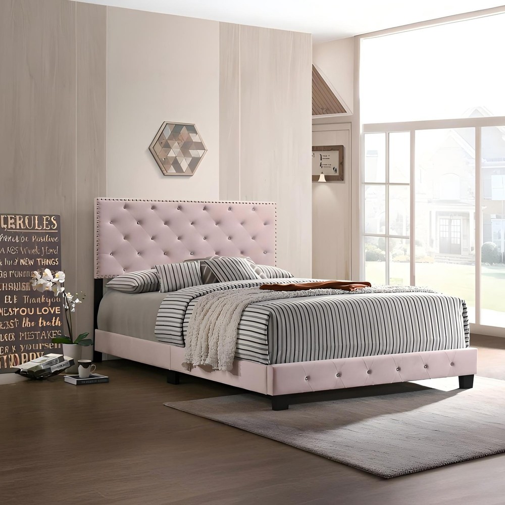 Chic Pink Transitional Full Bed, Wooden Bed Frame with Headboard