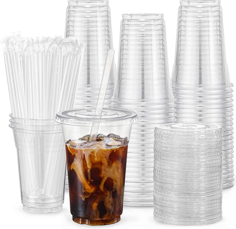 [100 Sets - ] Clear Plastic Cups with Lids and Sts, Disposable