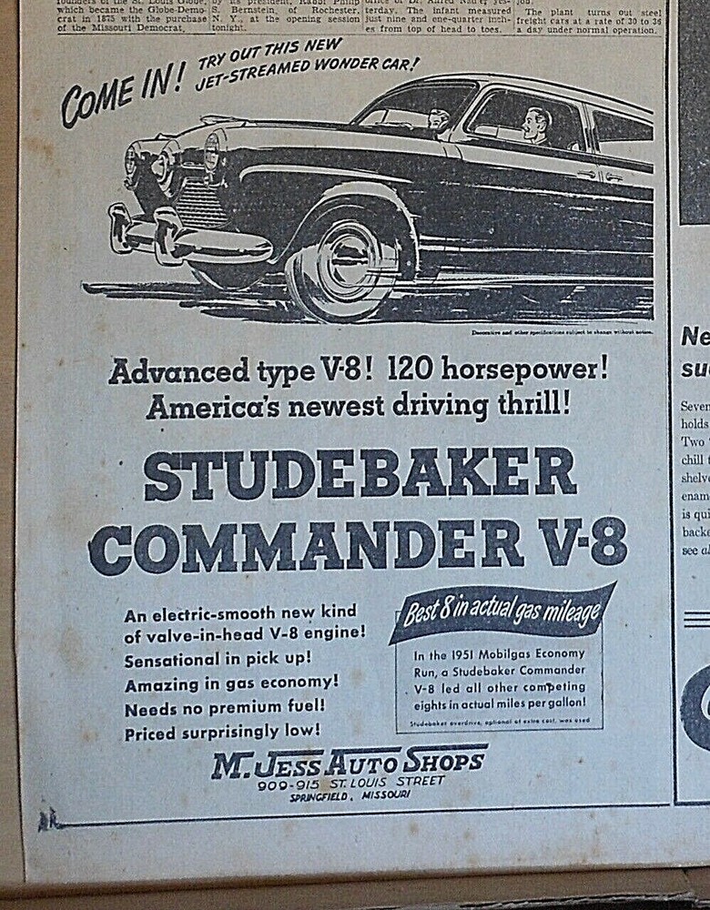 1951 newspaper ad for Studebaker - Commander V-8, Advanced type, 120 horsepower