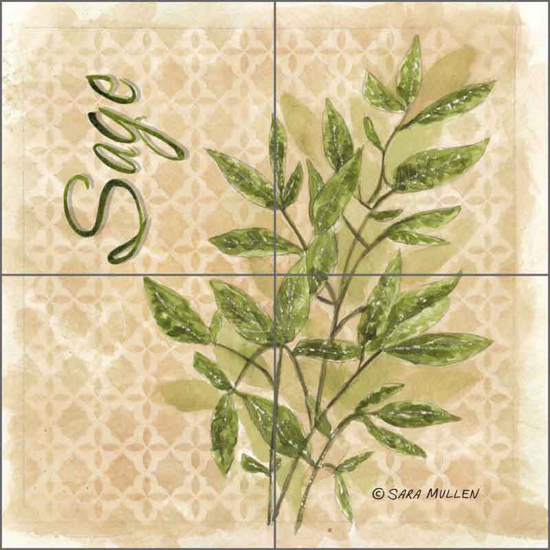 Ceramic Kitchen Tile Backsplash Herbs Sage by Sara Mullen SM090