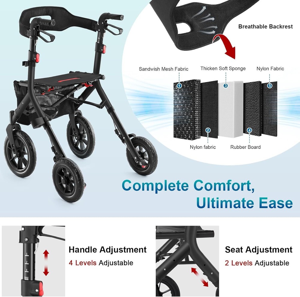 12" Rubber Wheels All-Terrain Rollator Walker w/Seat Backrest Folding Adjustable